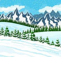 hiver Noël Contexte. pin arbre bois et neige. hiver paysage avec sapin des arbres forêt, Montagne et il neige. content Nouveau année fête. Nouveau année Noël vacances. vecteur illustration plat style