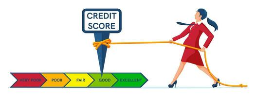 femme d'affaires en changeant personnel crédit information. femme pousser La Flèche à faire crédit histoire mieux. femelle améliore la solvabilité, crédit score, approbation solvabilité. plat vecteur illustration