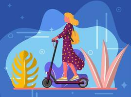 Jeune femme sur donner un coup scooter. fille avec sac à dos roulant sur électrique scooter. branché personnage les usages moderne Urbain transport. écologique, pratique ville transport. dessin animé plat vecteur illustration