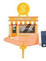 la franchise affaires pour vente. franchisage magasin bâtiment ou commercial propriété. réel biens affaires promotionnel, pme Commencez financement participatif. vente achat Nouveau entreprise. plat vecteur illustration