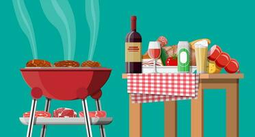 un barbecue fête ou pique-nique. table avec bouteille de vin, légumes, fromage, pouvez de bière. électrique gril avec barbecue. cuisine steak, Viande et saucisses, grillage un barbecue. vecteur illustration plat style