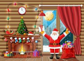 Noël intérieur de pièce avec Père Noël noël, arbre, fenêtre, cadeaux, décoré cheminée. content Nouveau année décoration. joyeux Noël vacances. Nouveau année et Noël fête. vecteur illustration plat style