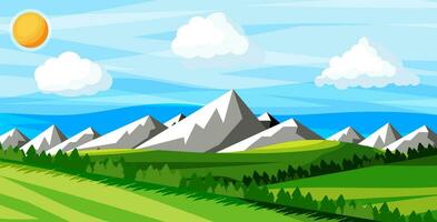 paysage de montagnes et vert collines. été la nature paysage avec rochers, forêt, herbe, soleil, ciel et des nuages. nationale parc ou la nature réserve. vecteur illustration dans plat style