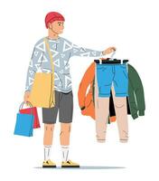 à la mode homme en portant paquets avec vêtements. branché caucasien gars après achats. élégant garçon dans shorts, manche longue et client sac. Masculin personnage dans décontractée vêtements. plat vecteur illustration