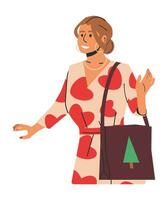 caucasien femme en portant tissu éco sac. élégant blanc peau fille dans été robe et client sac isolé. élégant souriant femelle personnage dans décontractée vêtements. dessin animé plat vecteur illustration