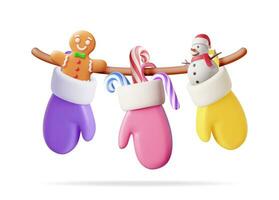 3d coloré gants pendaison sur corde à linge. rendre Noël Père Noël mitaine avec sucre d'orge, bonhomme de neige, pain d'épice homme. pendaison vacances décorations. Nouveau année Noël fête. réaliste vecteur illustration