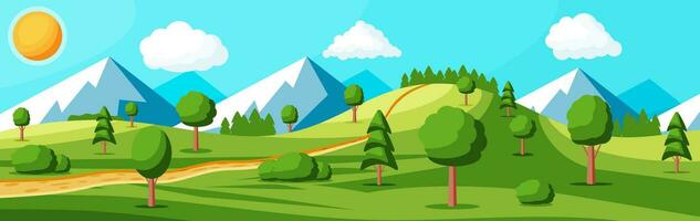 paysage de montagnes et vert collines. été la nature paysage avec rochers, forêt, herbe, soleil, ciel et des nuages. nationale parc ou la nature réserve. vecteur illustration dans plat style