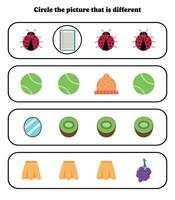 cercle le différent photo. éducatif Jeu pour enfants. cerveau taquin pour préscolaire, Jardin d'enfants et élémentaire étudiants. vecteur