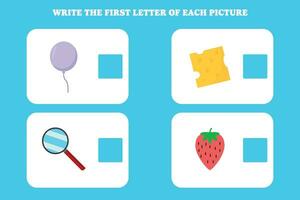 écrire le premier lettre de chaque photo. éducatif Jeu pour préscolaire, Jardin d'enfants ou élémentaire enfants. vecteur