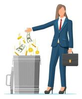 femme d'affaires en mettant d'or pièces de monnaie et dollar factures dans poubelle. des ordures déchets investissement. perdant ou gaspillage argent, dépenses excessives, la faillite ou crise. vecteur illustration dans plat style