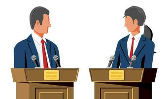 Masculin et femelle candidats à tribunes avec micros. politique discuter entre homme et femme. présidentiel élections concept. politique, économique débat. plat conception vecteur illustration