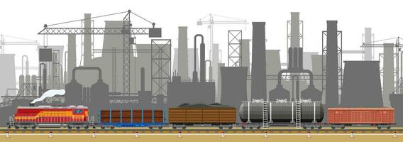 industriel paysage de cargaison rail transport avec plante et furieux tuyaux. usine bâtiment. tuyaux, bâtiments, entrepôt, cargaison chemin de fer gare. paysage urbain Urbain ligne d'horizon. plat vecteur illustration