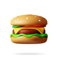 3d savoureux Burger isolé sur blanche. rendre Burger icône avec salé concombre, salade, tomate, fromage, sauce, chignon avec sésame des graines et du boeuf escalope. cheeseburger vite aliments. réaliste vecteur illustration.