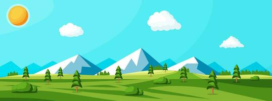 paysage de montagnes et vert collines. été la nature paysage avec rochers, forêt, herbe, soleil, ciel et des nuages. nationale parc ou la nature réserve. vecteur illustration dans plat style