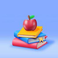 3d rouge Pomme sur empiler de papier livres isolé. rendre pile de livres avec Pomme icône. éducatif ou affaires littérature. en train de lire éducation, littérature, encyclopédie, cahier de texte. vecteur illustration