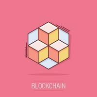 icône de technologie blockchain de dessin animé de vecteur dans le style comique. pictogramme d'illustration de concept de bloc de cube de cryptographie. concept d'effet d'éclaboussure d'entreprise d'algorithme de blockchain.