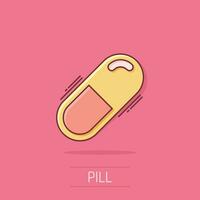 icône de tablette de pilules de capsule de dessin animé de vecteur dans le style comique. pictogramme d'illustration de concept de pilules médicales. concept d'effet d'éclaboussure de capsule et de drogue.