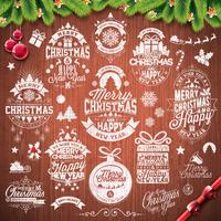 Vector illustration de joyeuses fêtes de Noël et bonne année avec un design typographique situé sur fond de texture bois vintage