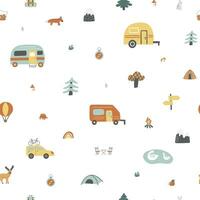 Voyage carte créateur avec camping car, campeur, tente, forêt animaux, des arbres et etc. vecteur