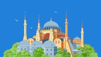 dômes et minarets de sainte-sophie dans la vieille ville d'istanbul sur fond bleu. point de repère de la Turquie. illustration de plat de vecteur