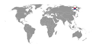 épinglez la carte avec le drapeau de la corée du sud sur la carte du monde. illustration vectorielle. vecteur