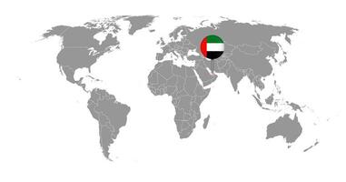 épinglez la carte avec le drapeau des émirats arabes unis sur la carte du monde. illustration vectorielle. vecteur