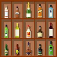 de l'alcool les boissons collection. bouteilles sur étagère. Vodka Champagne du vin whisky Bière Cognac Tequila Cognac alcool Vermouth Gin Rhum Absinthe Sambuca Cidre Bourbon. vecteur illustration dans plat style