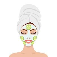 magnifique femme avec faciale masque de concombre tranches sur affronter. spa beauté et santé concept. vecteur illustration dans plat style