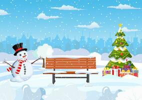 neigeux hiver ville parc avec Noël des arbres, banc, bonhomme de neige et ville ligne d'horizon. hiver Noël paysage pour bannière, affiche, la toile. vecteur illustration dans plat style