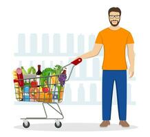 Jeune homme pousser supermarché achats Chariot plein de épiceries. vecteur illustration dans plat style
