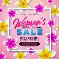 Womens Day Sale design avec belle fleur colorée sur fond rose vecteur