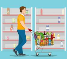Jeune homme pousser supermarché achats Chariot plein de épiceries. vide boutique étagères vecteur illustration dans plat style