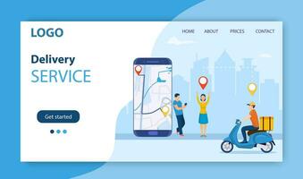 en ligne livraison un service concept. Hommes commande nourriture via téléphone intelligent. livraison Accueil et bureau. scooter courrier. atterrissage page, modèle, mobile application, affiche, bannière. vecteur illustration dans plat style