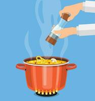 chef cuisinier avec sel moulin et ébullition pot. la poêle sur le feu, une pot de soupe, cuisine soupe. vecteur illustration dans plat style.