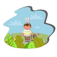 vecteur carte postale de pâques garçon porte des oreilles de lapin sur un fond d'herbe verte. garçon tenir dans la main panier de pâques avec des oeufs de pâques