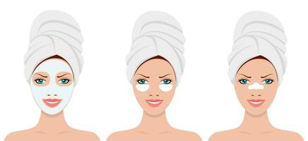 femmes s tête dans serviette avec cosmétique masque sur affronter. spa beauté et santé concept. vecteur illustration dans plat style