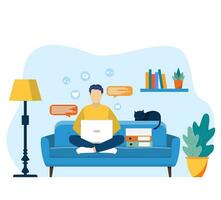 homme avec portable séance sur le chaise. Accueil bureau. travail à maison. lot de travail. free-lance ou en train d'étudier concept. rester à maison. vecteur illustration dans plat style