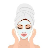 femme avec une cosmétique visage masque. souriant fille portrait. spa beauté et santé concept. peau se soucier . relaxation vecteur illustration dans plat style