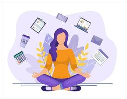 affaires yoga concept. femme d'affaires méditer, temps gestion, stress le soulagement et problème résolution concepts. affaires femme séance et méditer. vecteur illustration plat style