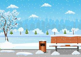 hiver journée parc scène. neige couvert en bois banc avec rue lampe et poubelle peut. Noël paysage Contexte avec neige et arbre. joyeux Noël vacances. vecteur illustration dans plat style