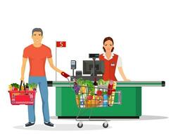 gens achats dans supermarché. femme la caissière dans supermarché. en espèces S'inscrire rouge Plastique achats panier plein de les courses des produits dans main. épicerie magasin. vecteur illustration dans plat style