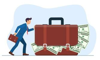 homme d'affaire ou directeur pousse une énorme valise ou mallette avec argent. le concept de vol ou corruption. vecteur illustration dans plat style.