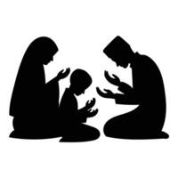 une silhouettes de solennellement musulman garçon élevage leur mains dans prière, a genou et s'inclinant, vecteur illustration