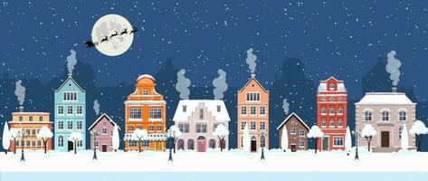 content Nouveau année et joyeux Noël hiver vieux ville rue. Noël ville ville panorama. Père Noël claus avec cerfs dans ciel au dessus le ville. vecteur illustration dans plat style