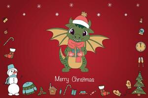 Noël carte avec une mignonne vert dragon symbole de 2024. marrant vert dragon avec une cadeau. joyeux Noël et content Nouveau année carte. vecteur. vecteur