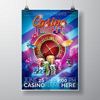 Conception de Vector Party Flyer sur un thème de casino avec jetons et roue de roulette