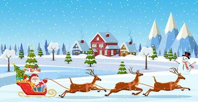une maison dans une neigeux Noël paysage. Père Noël claus sur une traîneau. concept pour salutation ou postal carte. joyeux Noël vacances. Nouveau année et Noël fête vecteur