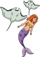 Sirène avec une manta rayon dessin animé coloré clipart vecteur