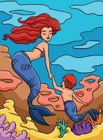 Sirène et une Jeune triton coloré dessin animé vecteur