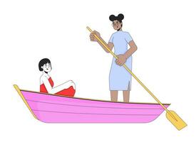 lesbienne couple sur romantique bateau balade 2d linéaire dessin animé personnages. premier Date dans l'amour. épris gay femmes isolé ligne vecteur gens blanc Contexte. Lac romance Couleur plat place illustration